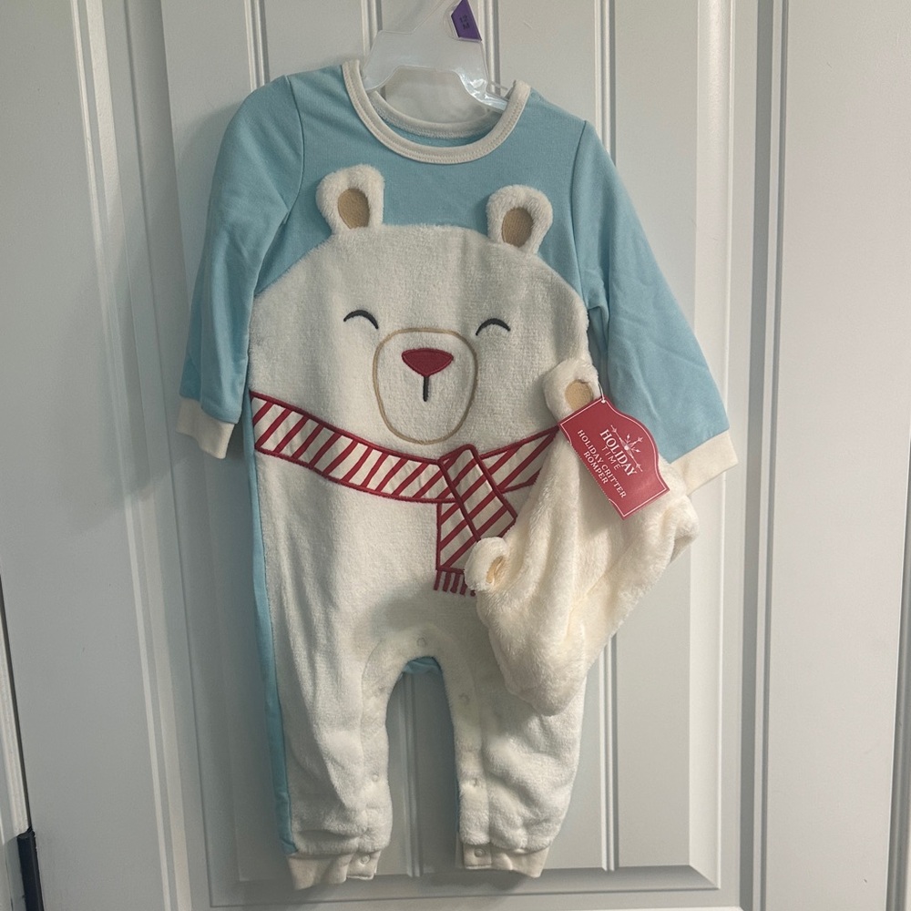 Little Me 12M Blue and Cream Bear with Hat Footie Set